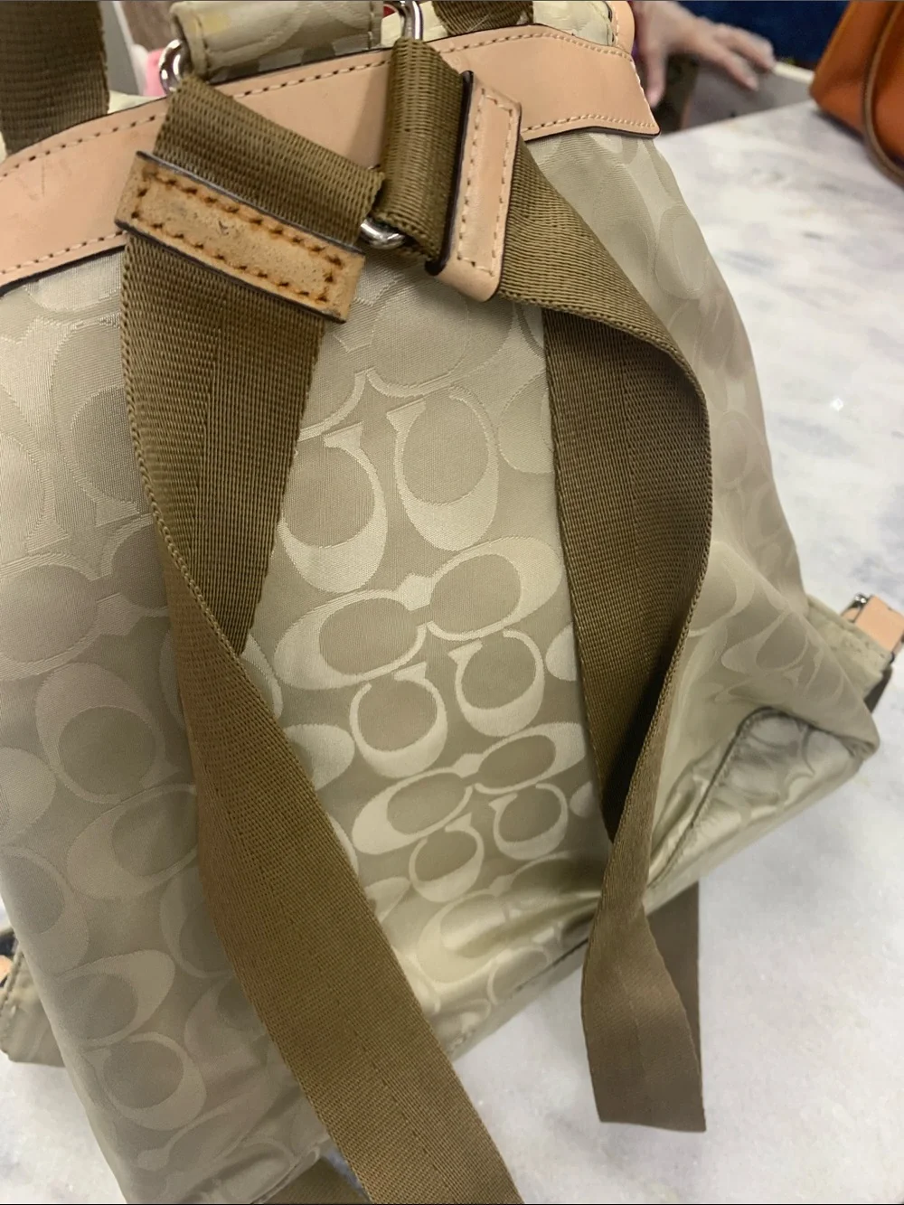 Coach Beige Signature Nylon Backpack with Natural Leather Trim